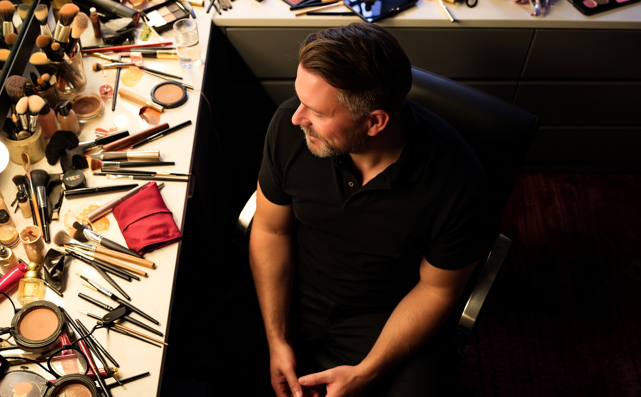 Wayne Goss backstage applying makeup